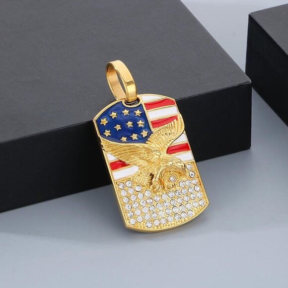 Gold American Flag Eagle Dog Tag Pendant Stainless Steel Patriotic Necklace - Picture 8 of 10